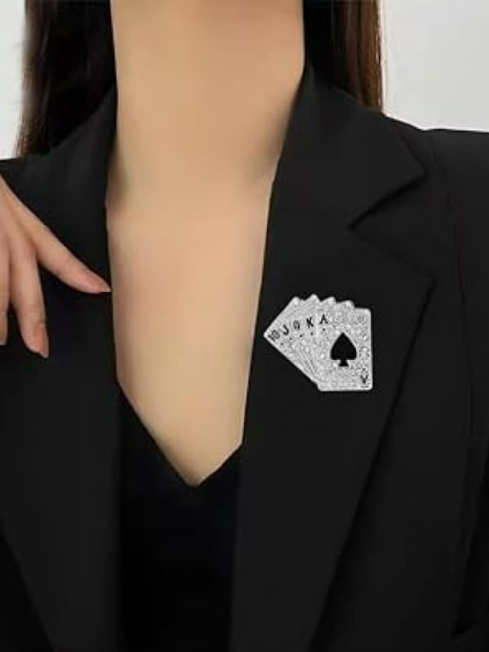 Poker Playing Cards Brooch Pin Silver with Lots of Rhinestones Bling New - Picture 3 of 4